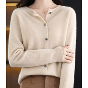 Sharrie l Damen-Strickjacke mit O-Ausschnitt und Kaschmirpullover aus Reiner Merinowolle