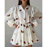 Strawberry l Sommer gedruckt Flowy V-Ausschnitt Frauen Kleid