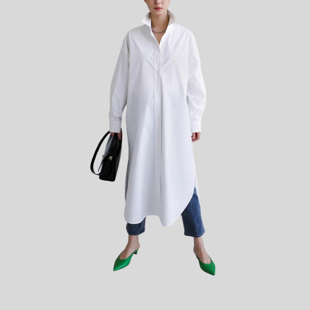Kennica | Lange Bluse im koreanischen Polo-Stil mit geschlitztem Saum