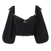 Makena l Boho Crop-Top mit Spitzenbesatz und Puffärmeln