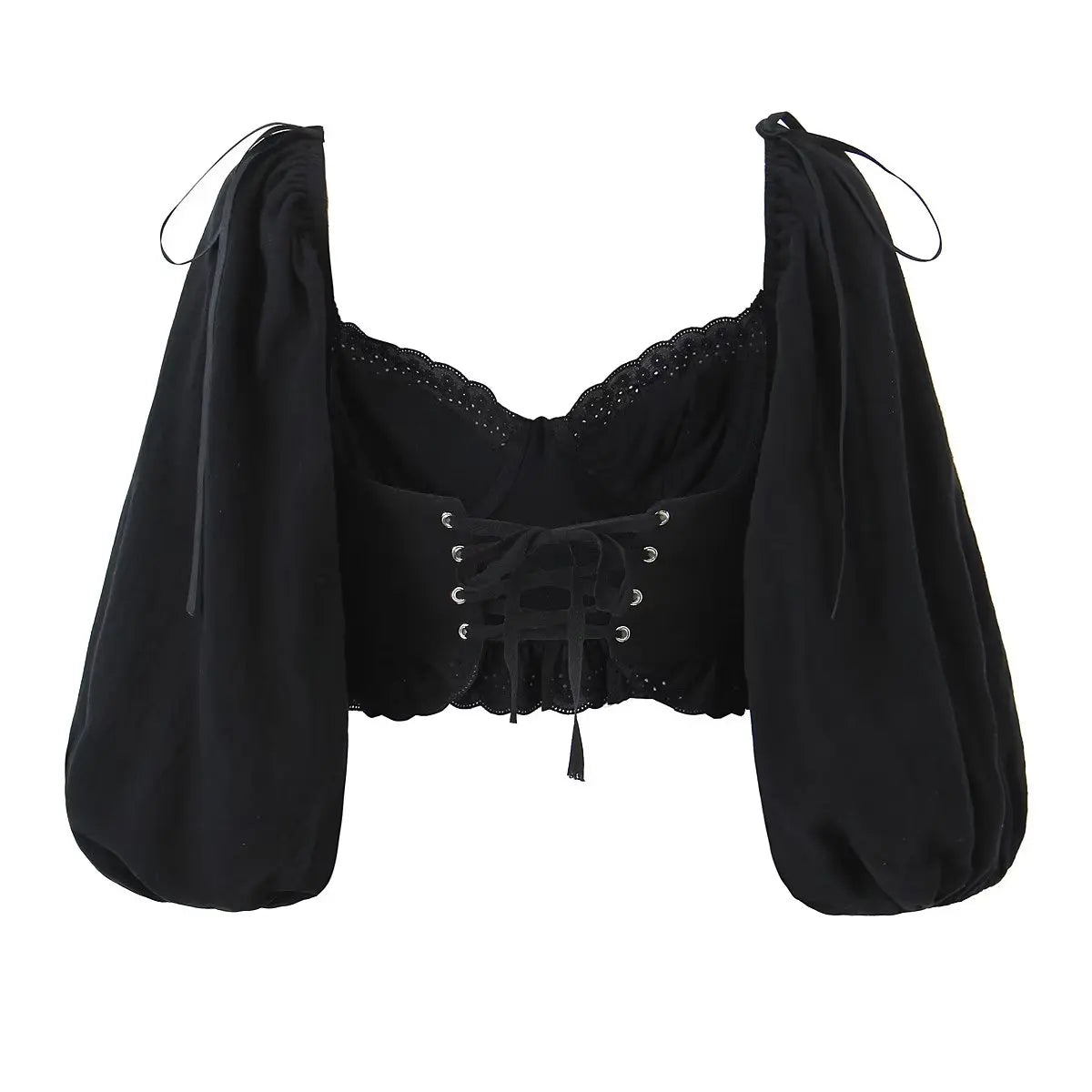 Makena l Boho Crop-Top mit Spitzenbesatz und Puffärmeln