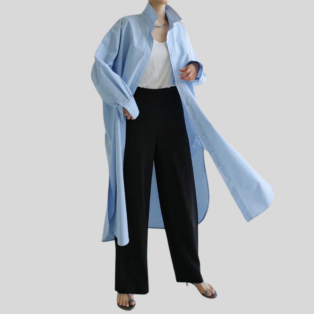 Kennica | Lange Bluse im koreanischen Polo-Stil mit geschlitztem Saum