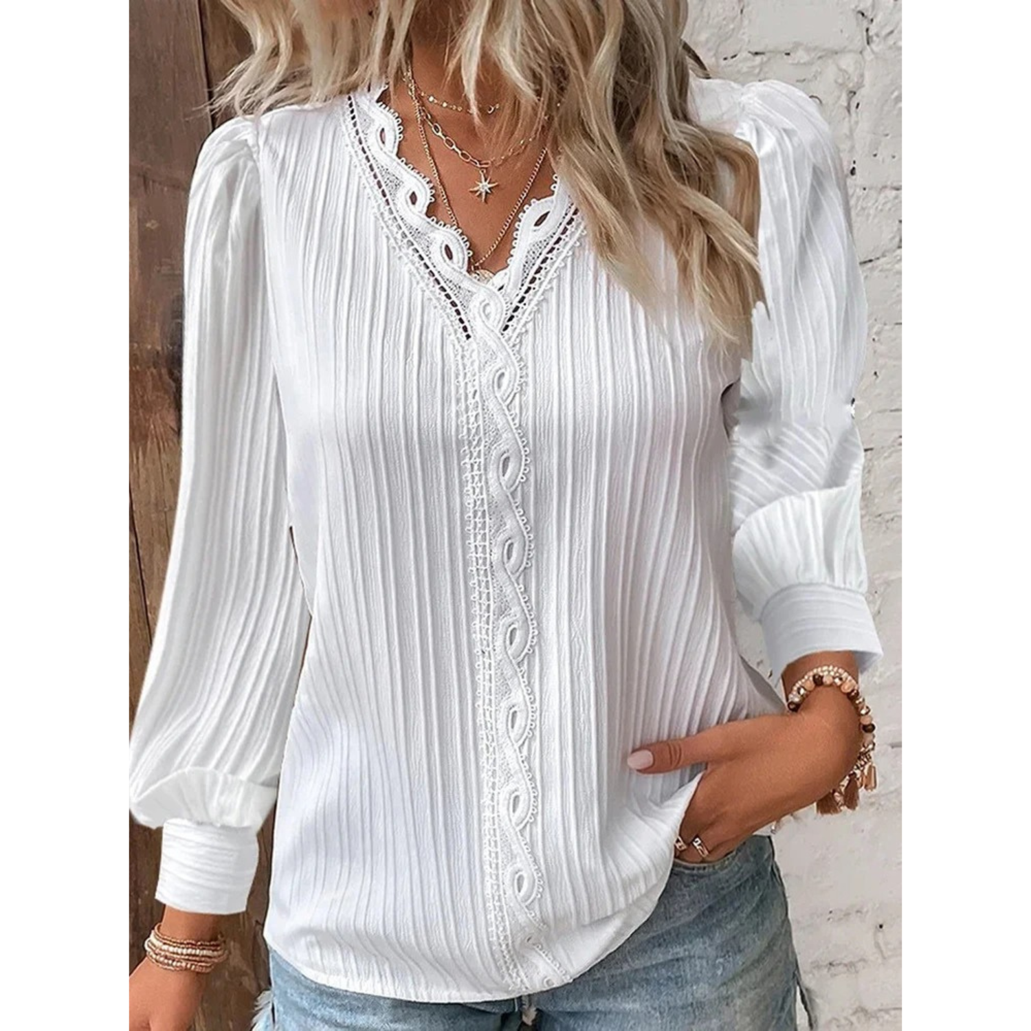Rachel l Damen-Bluse für Frühling und Sommer, lockere Bluse mit V-Ausschnitt und Spitze