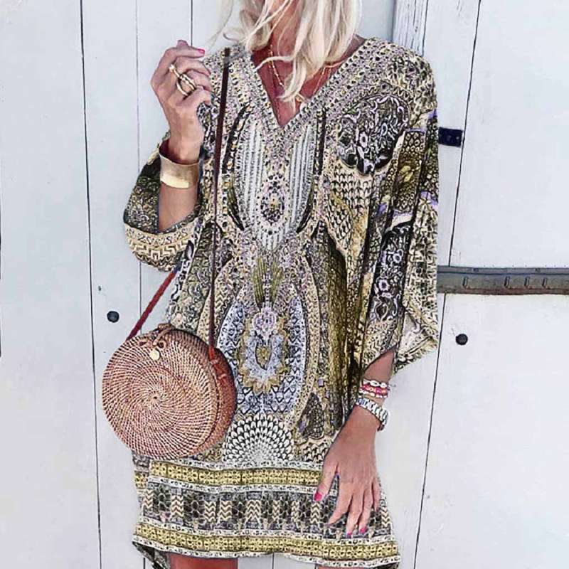 Bohemian Retro Printed V-Neck Midi Dress für Damen | Frühlings- und Sommerkollektion 2025 | Kerridana
