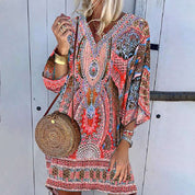 Bohemian Retro Printed V-Neck Midi Dress für Damen | Frühlings- und Sommerkollektion 2025 | Kerridana