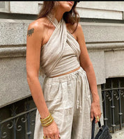 Tatianna Set l Ärmelloses Streetwear-Neckholder-Damen-Crossover-Frühlingsoberteil für Damen und Hosen mit weitem Bein