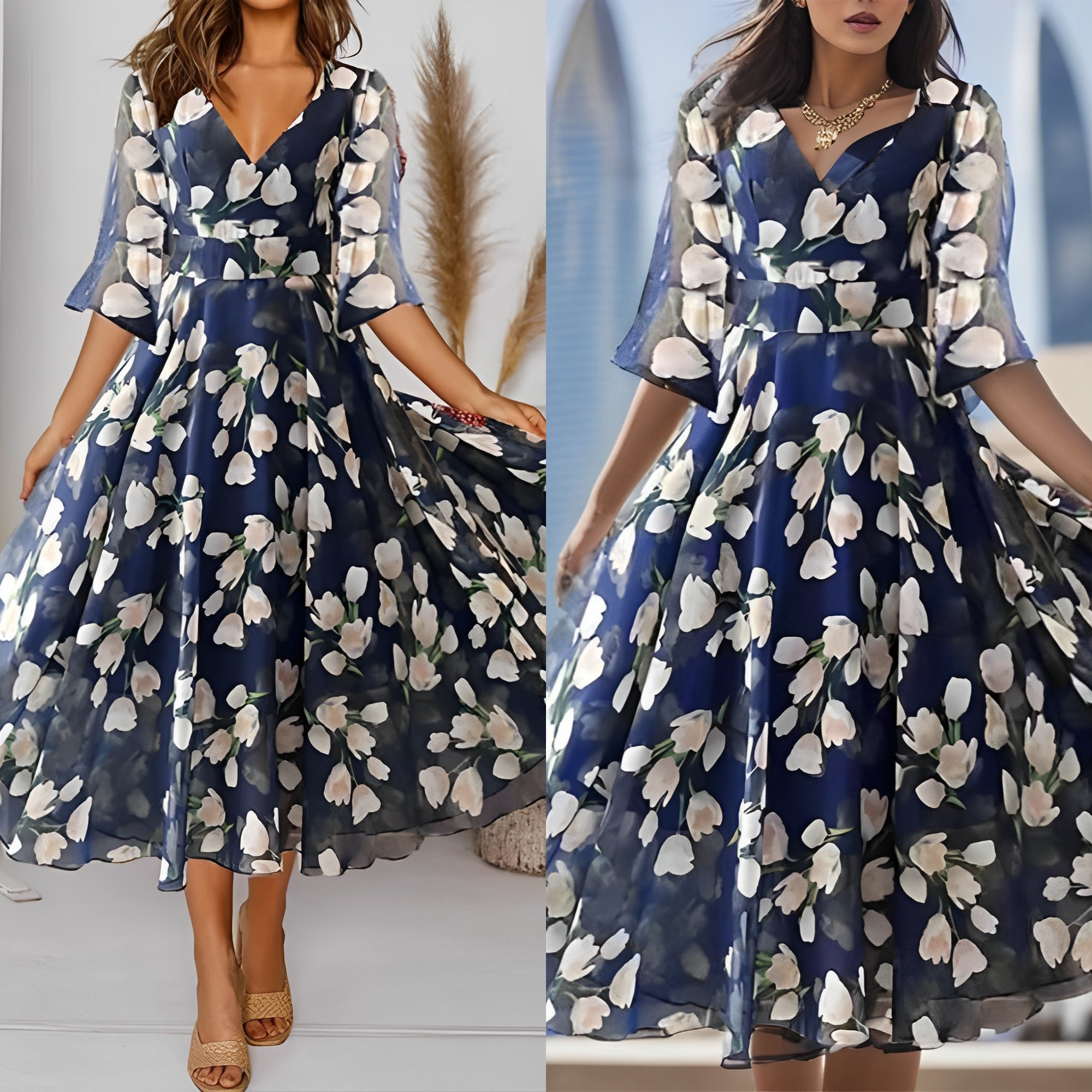 Shyra | Geblümtes Chiffon-Partykleid Mit Weitem V-Ausschnitt