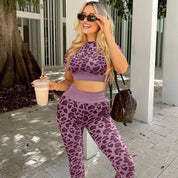Elena FitZone l Zweiteiliges Set mit passendem Leopardenmuster für Workout Yoga und Fitnessstudio für Damen