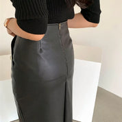 Zora l Damen-Midi-Bleistiftrock mit hoher Taille und geteiltem Vorderteil für Büro und Arbeit