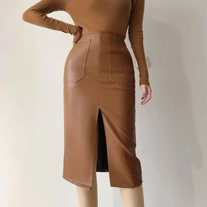 Zora l Damen-Midi-Bleistiftrock mit hoher Taille und geteiltem Vorderteil für Büro und Arbeit