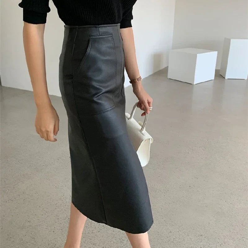 Zora l Damen-Midi-Bleistiftrock mit hoher Taille und geteiltem Vorderteil für Büro und Arbeit