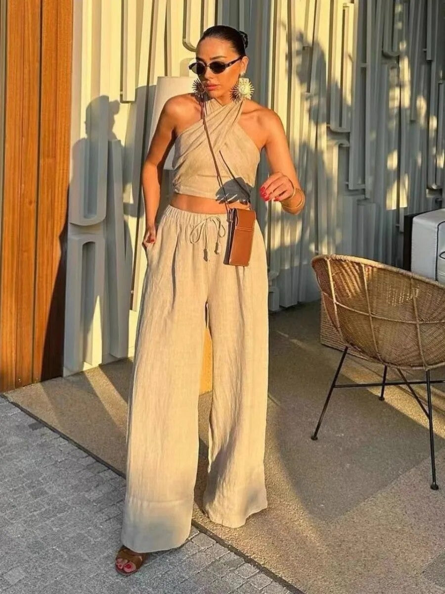 Tatianna Set l Ärmelloses Streetwear-Neckholder-Damen-Crossover-Frühlingsoberteil für Damen und Hosen mit weitem Bein