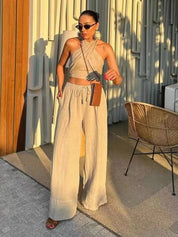 Tatianna Set l Ärmelloses Streetwear-Neckholder-Damen-Crossover-Frühlingsoberteil für Damen und Hosen mit weitem Bein