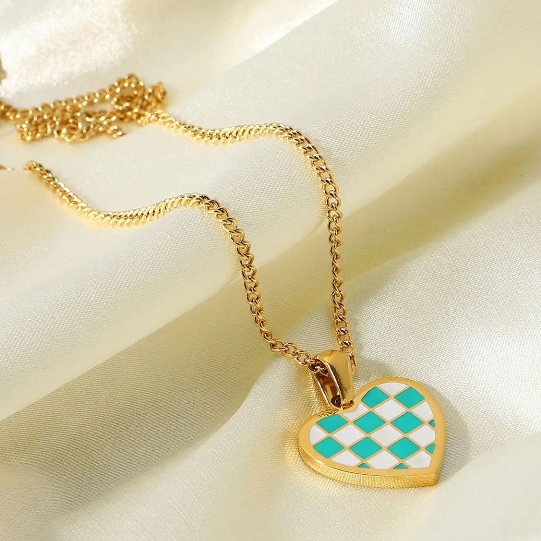 Elian Heart l Damen-Halsketten-Set mit kariertem Anhänger