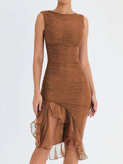 Solstice l Gerafftes rückenfreies plissiertes Midikleid