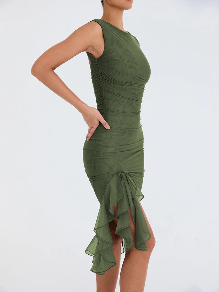 Solstice l Gerafftes rückenfreies plissiertes Midikleid