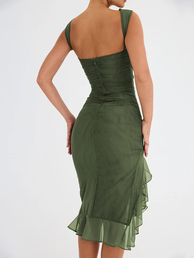 Solstice l Gerafftes rückenfreies plissiertes Midikleid