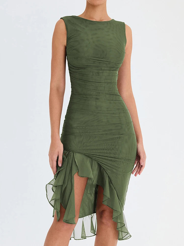 Solstice l Gerafftes rückenfreies plissiertes Midikleid