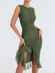 Solstice l Gerafftes rückenfreies plissiertes Midikleid