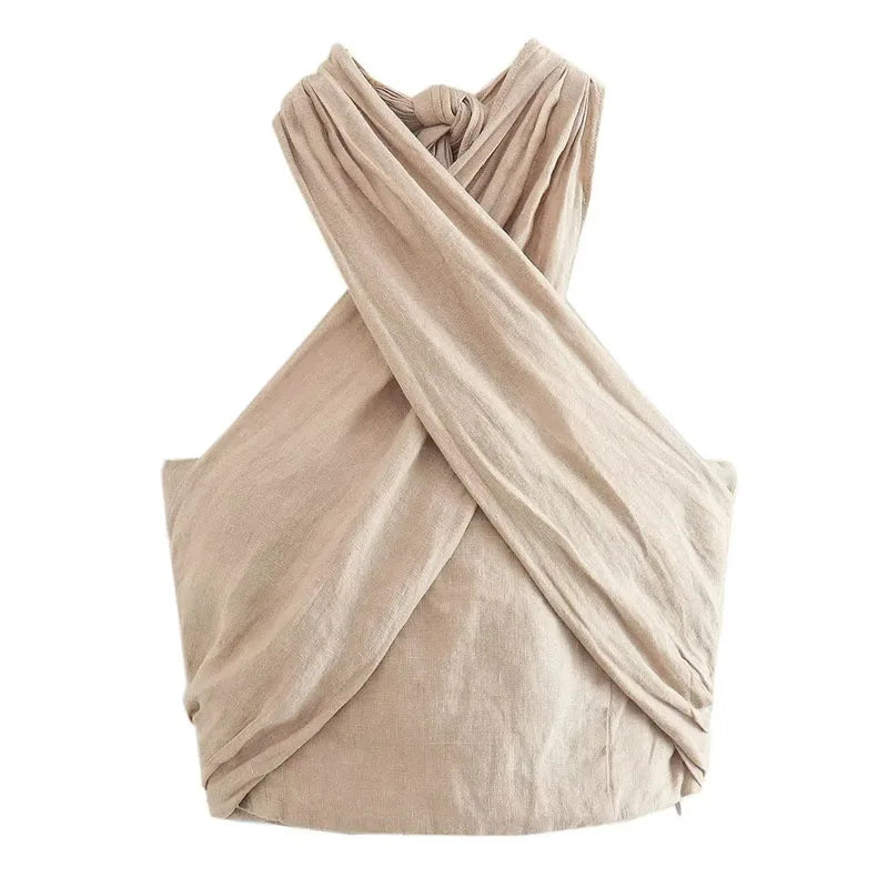 Tatianna Set l Ärmelloses Streetwear-Neckholder-Damen-Crossover-Frühlingsoberteil für Damen und Hosen mit weitem Bein