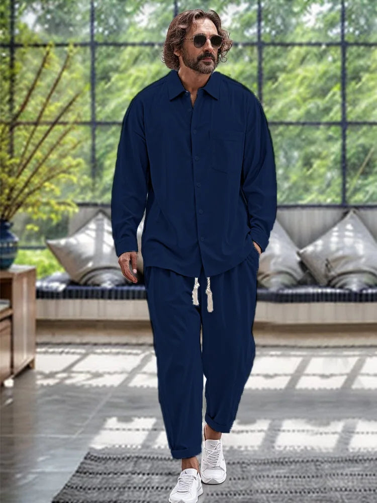 Modisches Loose Fit Frühlings-Leinenhemd und -hose im Set für Herren l Thierry
