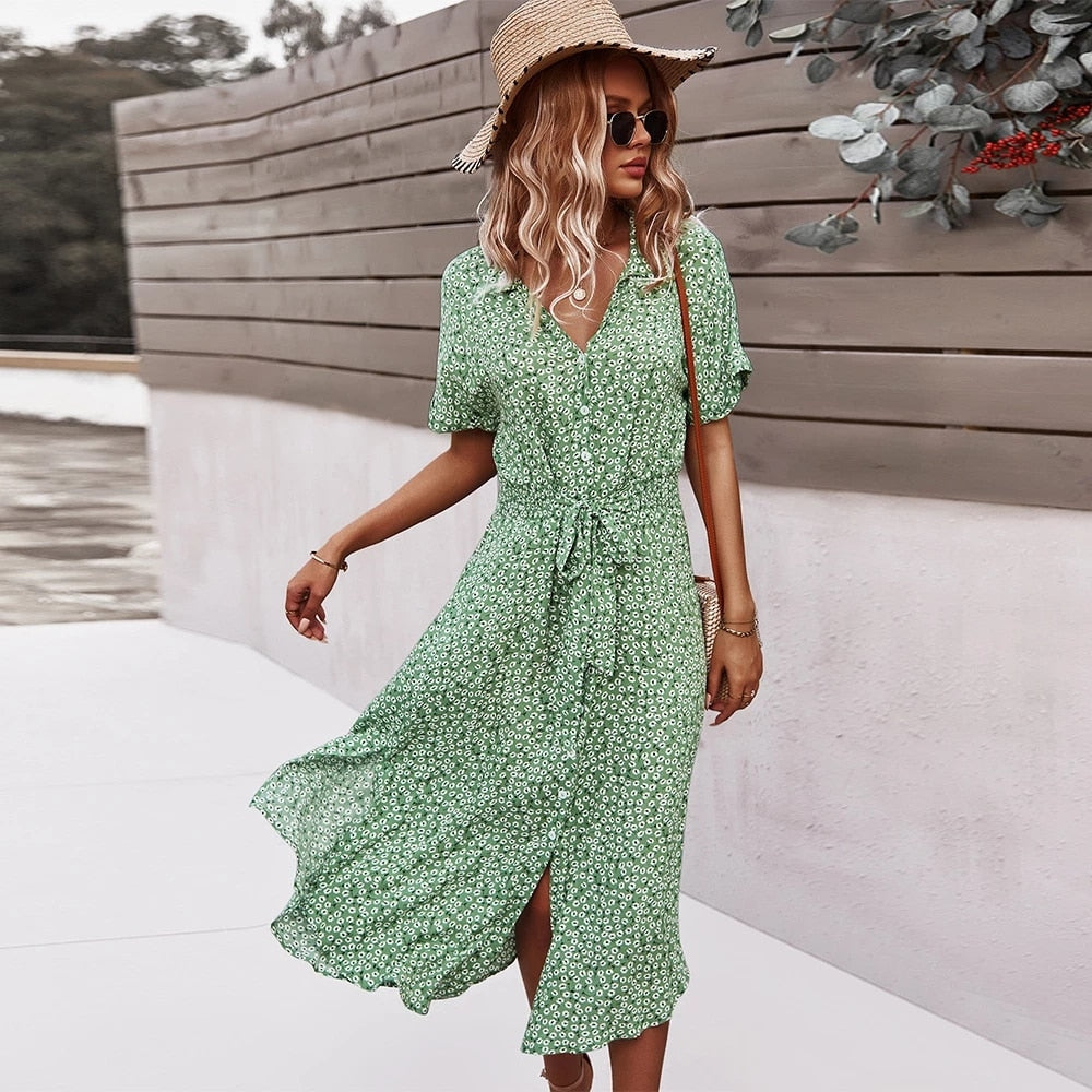 Michela I Geblümtes Maxikleid mit Knopfleiste und Gürtel