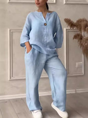 2-teiliges Sommer-Leinen-Set für Damen [ Lockere Bluse + weite Hose ] | Dannalee