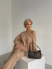 Love of Laura Set l Lässiges zweiteiliges Damen-Oberteil mit einer Schulter und bequemer Hose mit weitem Bein