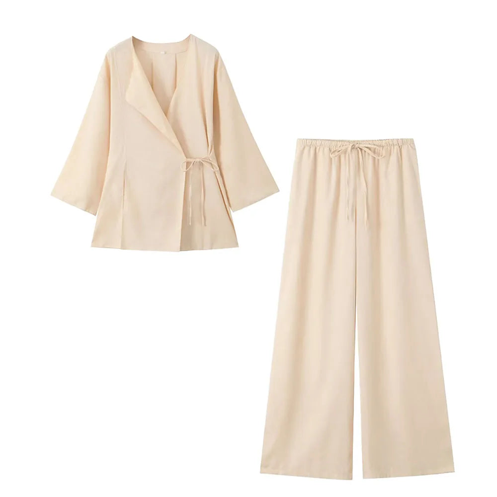 Frühling Leinen Frauen Set [ Kimono Top + Weite Hose ] | Maraline