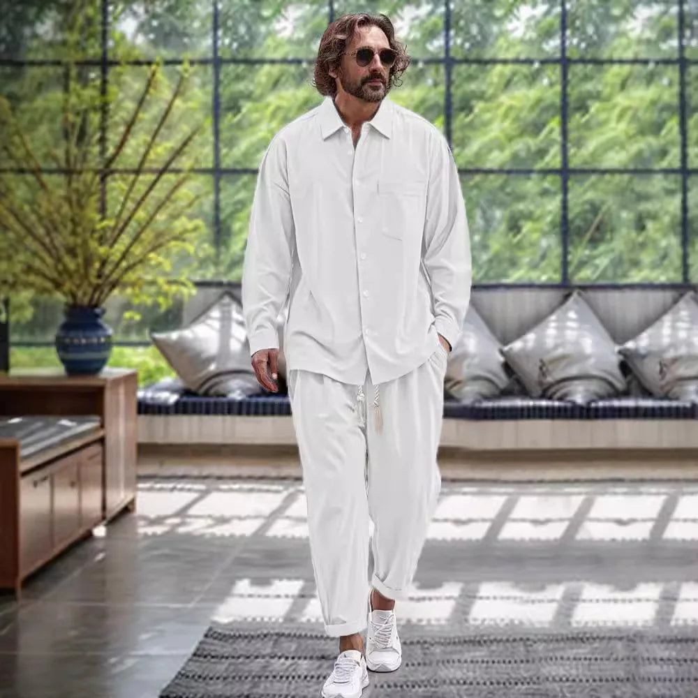 Modisches Loose Fit Frühlings-Leinenhemd und -hose im Set für Herren l Thierry