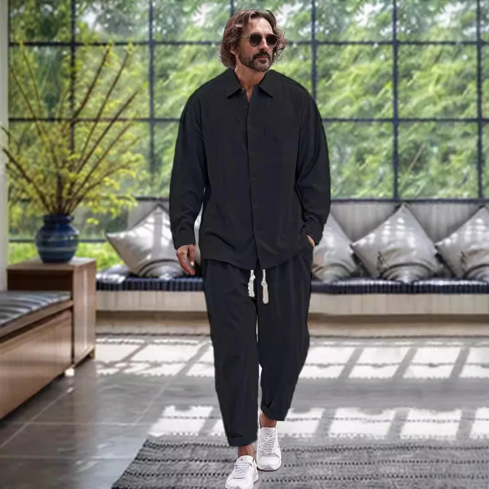Modisches Loose Fit Frühlings-Leinenhemd und -hose im Set für Herren l Thierry