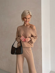 Love of Laura Set l Lässiges zweiteiliges Damen-Oberteil mit einer Schulter und bequemer Hose mit weitem Bein