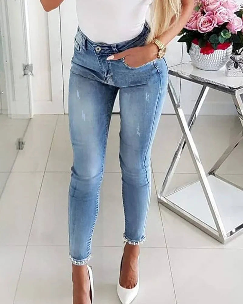 Betony l Damen Jeans Schmetterling klebrige Blume Perlen Denim Pant