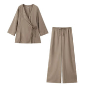 Frühling Leinen Frauen Set [ Kimono Top + Weite Hose ] | Maraline