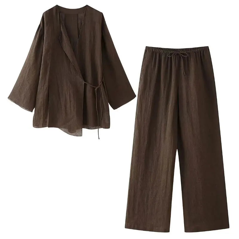 Frühling Leinen Frauen Set [ Kimono Top + Weite Hose ] | Maraline