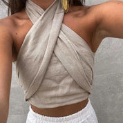 Tatianna Set l Ärmelloses Streetwear-Neckholder-Damen-Crossover-Frühlingsoberteil für Damen und Hosen mit weitem Bein