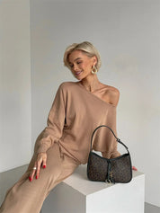 Love of Laura Set l Lässiges zweiteiliges Damen-Oberteil mit einer Schulter und bequemer Hose mit weitem Bein