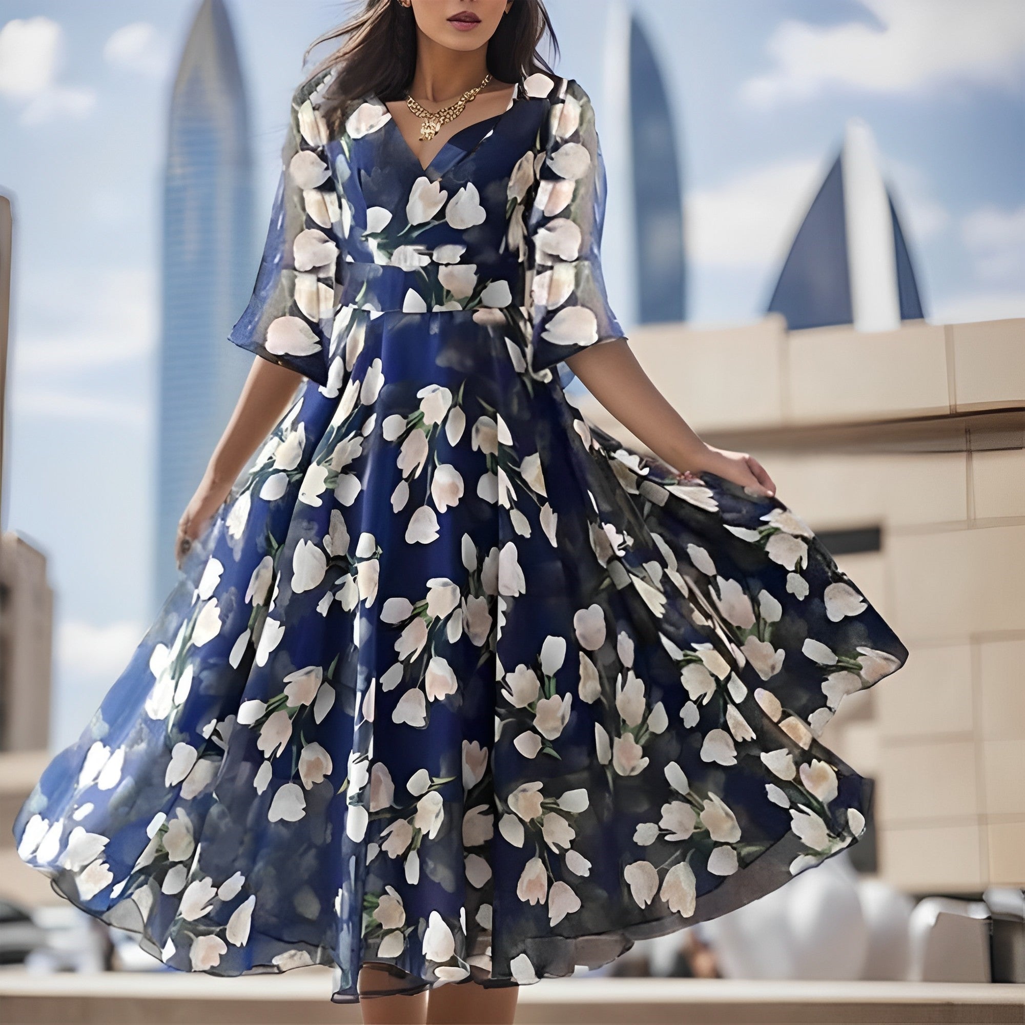 Shyra | Geblümtes Chiffon-Partykleid Mit Weitem V-Ausschnitt
