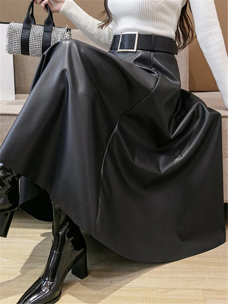 Wimba | A-Linien-Lederskirt mit hohem Bund und Gürtel