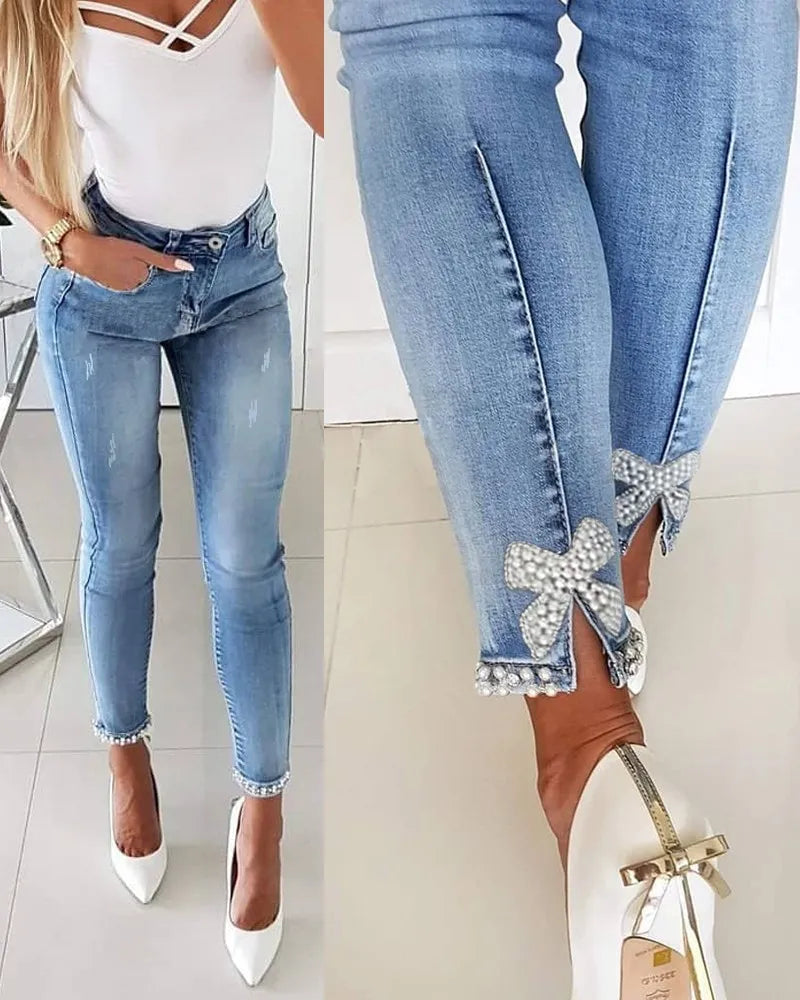 Betony l Damen Jeans Schmetterling klebrige Blume Perlen Denim Pant