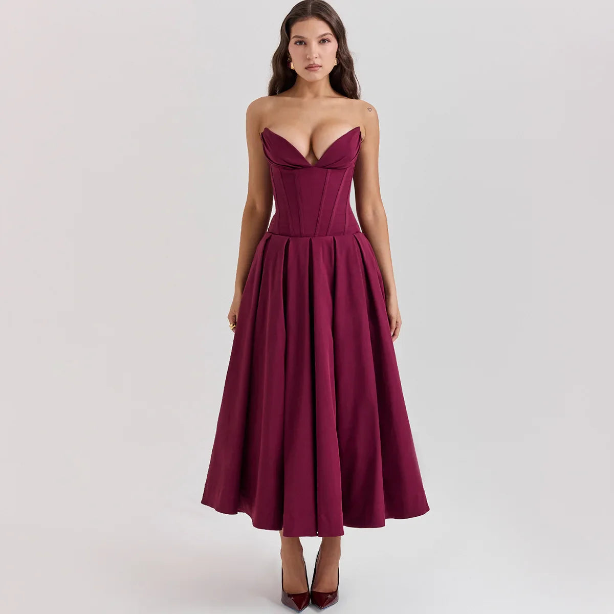 Bellefleur l Trägerloses Burgunder-Midikleid für Damen