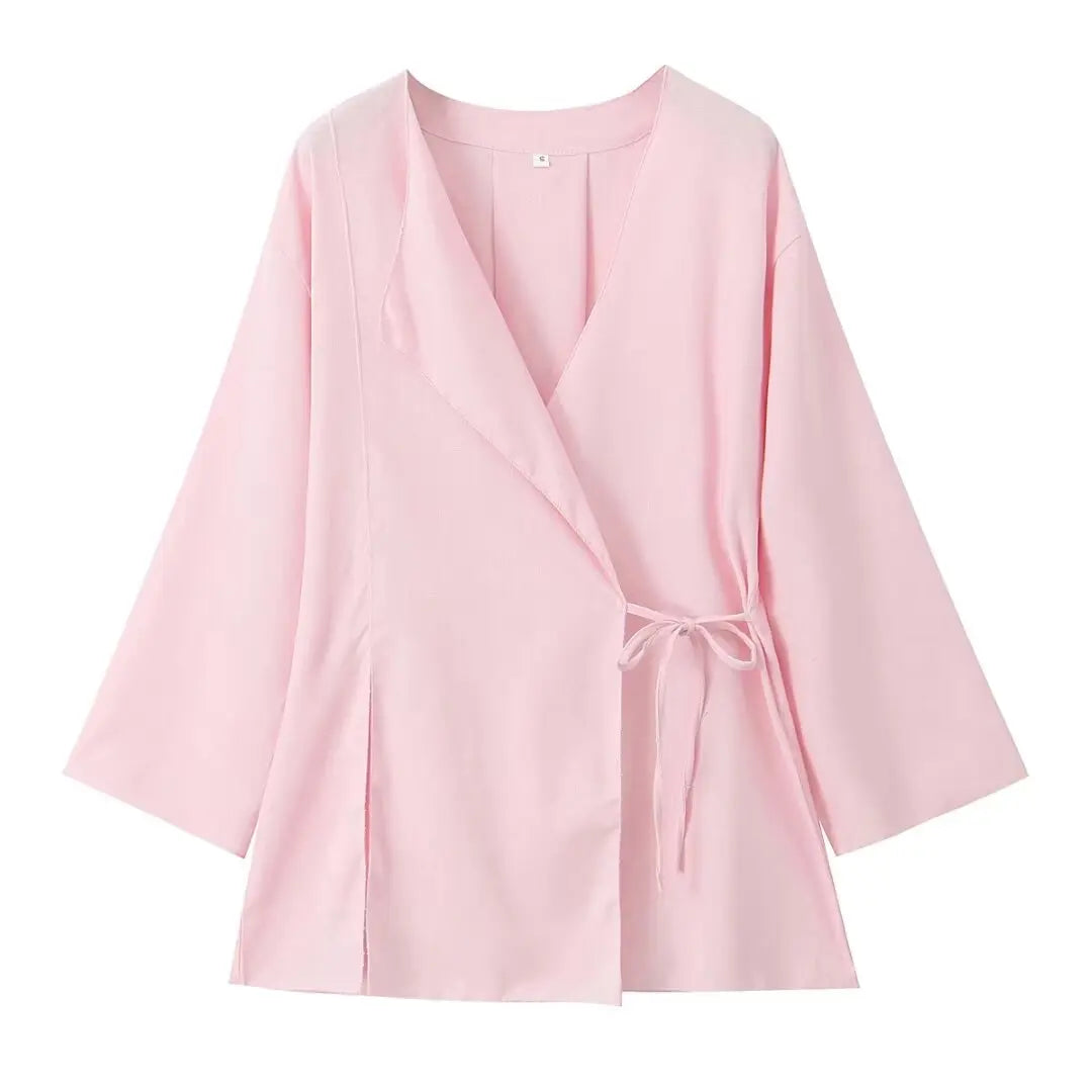 Frühling Leinen Frauen Set [ Kimono Top + Weite Hose ] | Maraline