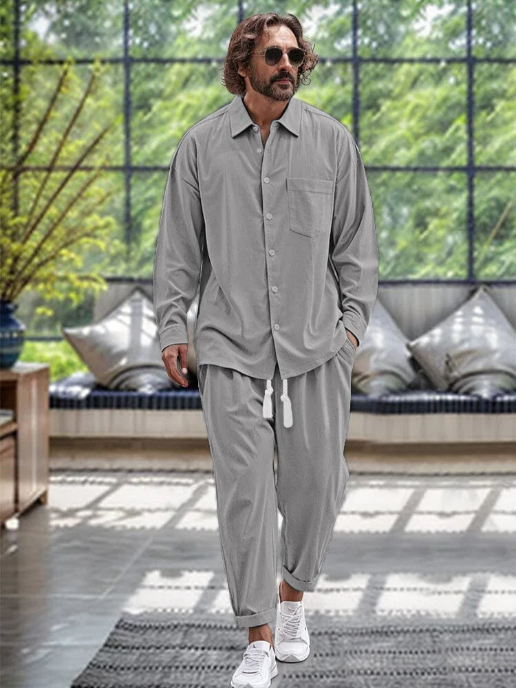 Modisches Loose Fit Frühlings-Leinenhemd und -hose im Set für Herren l Thierry