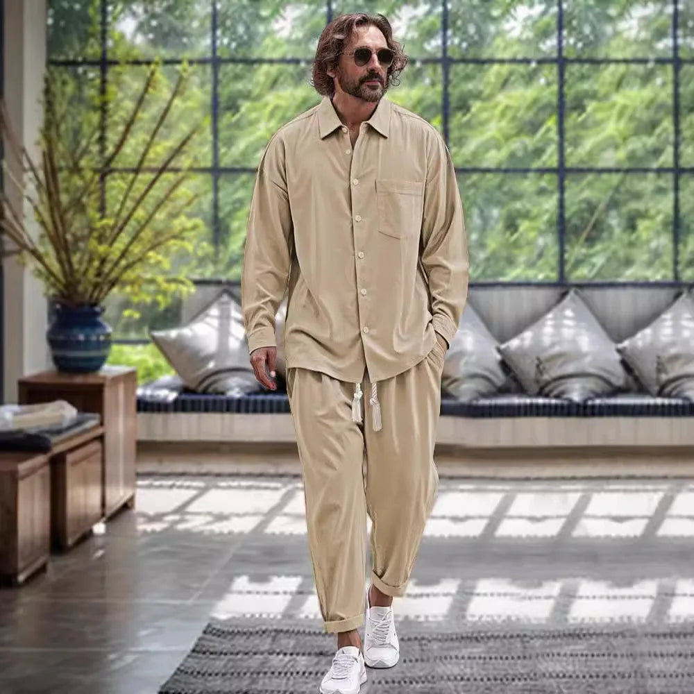 Modisches Loose Fit Frühlings-Leinenhemd und -hose im Set für Herren l Thierry