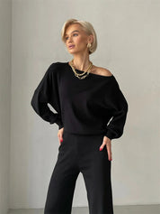 Love of Laura Set l Lässiges zweiteiliges Damen-Oberteil mit einer Schulter und bequemer Hose mit weitem Bein