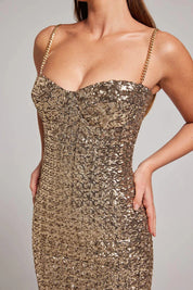 Bellarosa l Langes Abendkleid mit glitzernden Pailletten und Spaghettiträgern