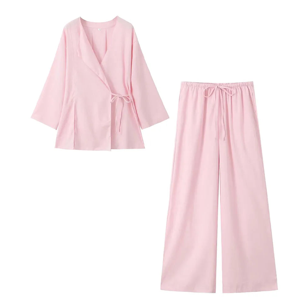 Frühling Leinen Frauen Set [ Kimono Top + Weite Hose ] | Maraline