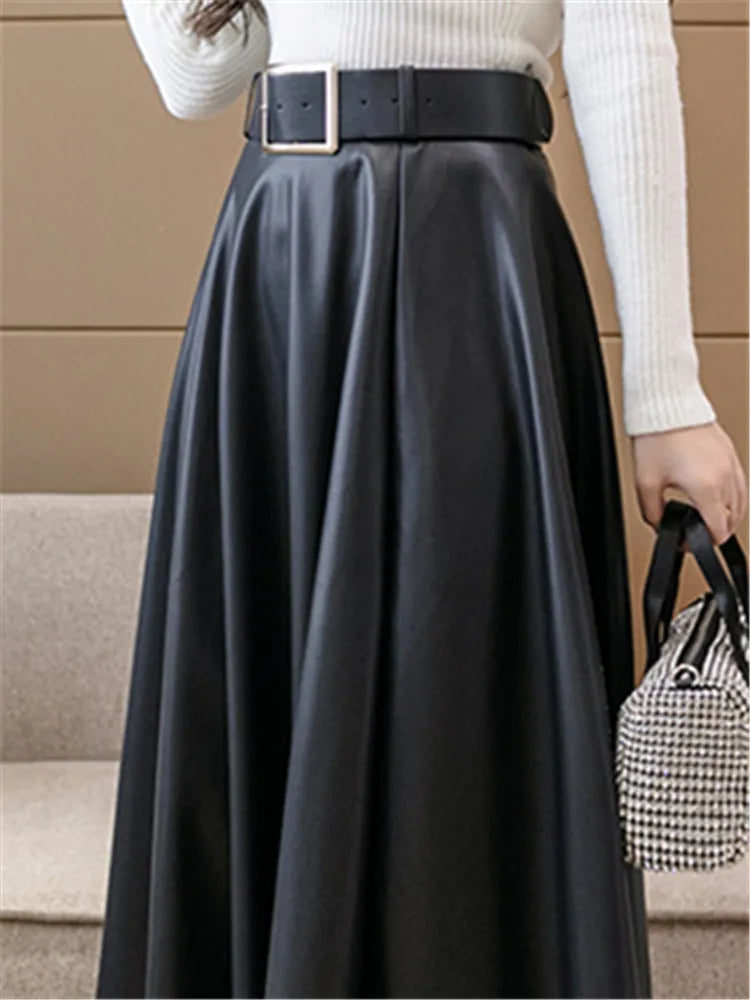 Wimba | A-Linien-Lederskirt mit hohem Bund und Gürtel