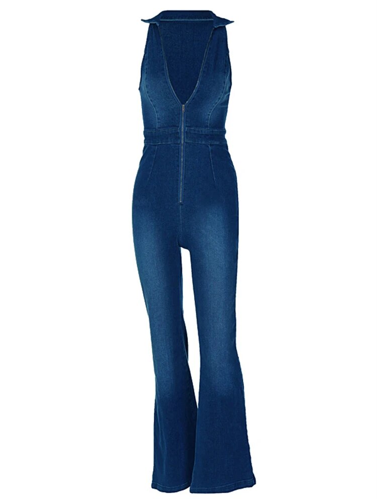 Stella | Damen-Jeansoverall mit V-Ausschnitt und Kragen