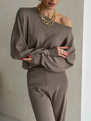Love of Laura Set l Lässiges zweiteiliges Damen-Oberteil mit einer Schulter und bequemer Hose mit weitem Bein